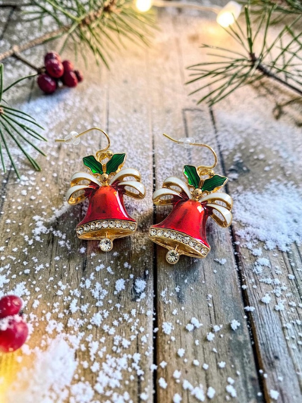 Festive Red Bell Earrings with Green Leaf Accents & Gift Box